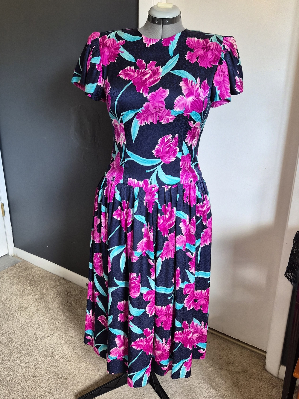 Vintage Silk 80s Maggy London Navy Midi Dress with Bright Pink Floral Print